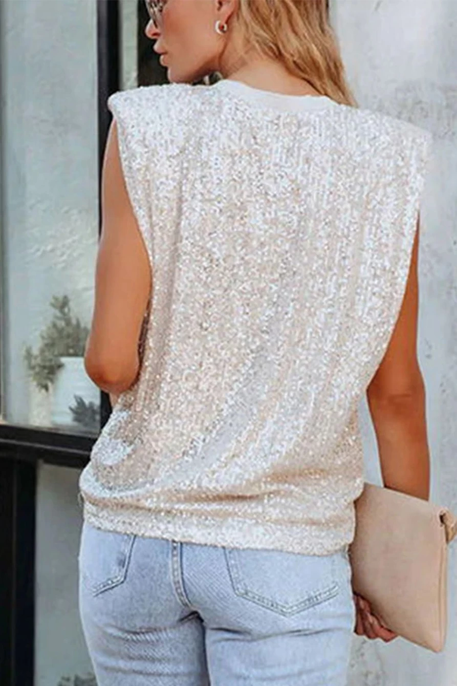 "SheWin Women's Apricot Sequin Crew Neck Sleeveless Top - Casual Glitter Blouse"