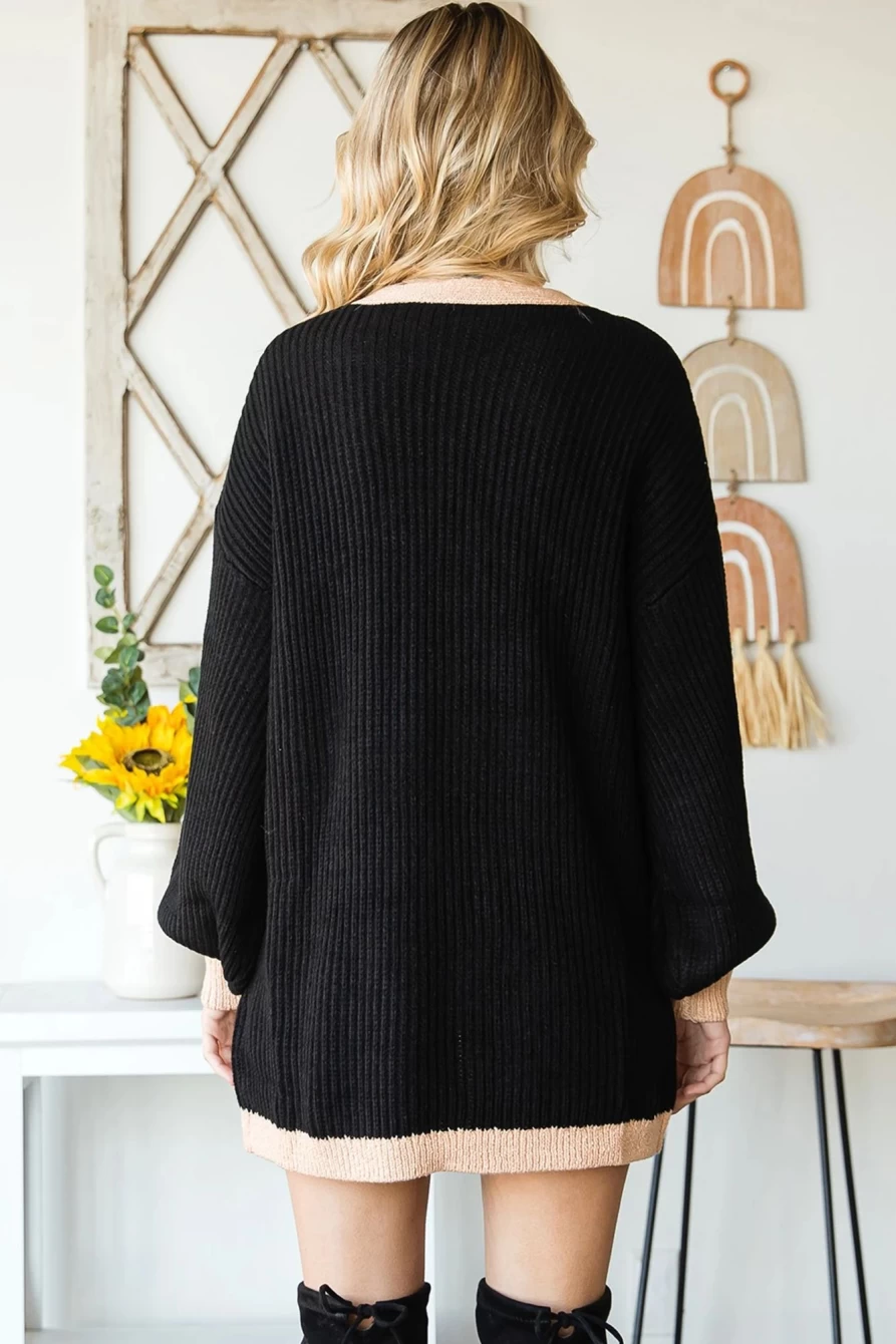 Shewin Women's Black Bishop Sleeve Colorblock Open Front Cardigan Sweater