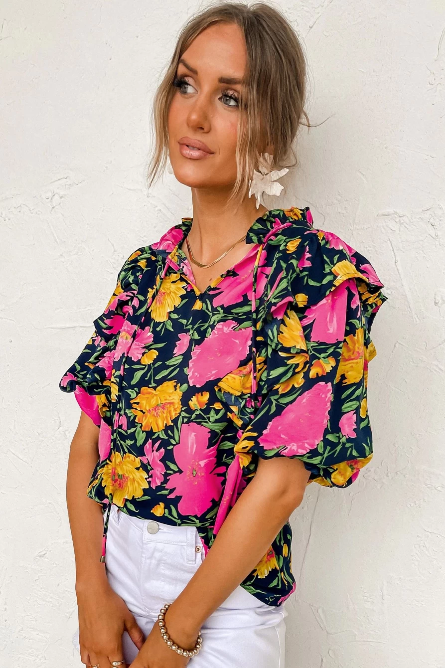 "SheWin Women's Rose Red Floral V-Neck Ruffled Blouse with Bubble Sleeves"
