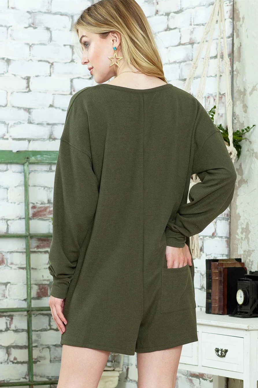 Shewin Women's Green Henley V-Neck Romper with Pocket - Ribbed Stretch Jumpsuit