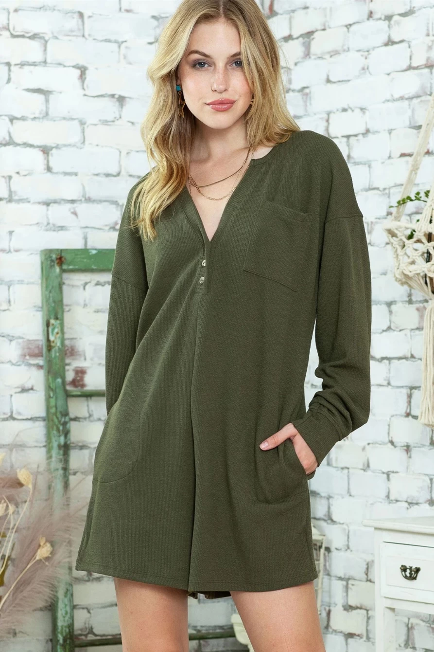Shewin Women's Green Henley V-Neck Romper with Pocket - Ribbed Stretch Jumpsuit