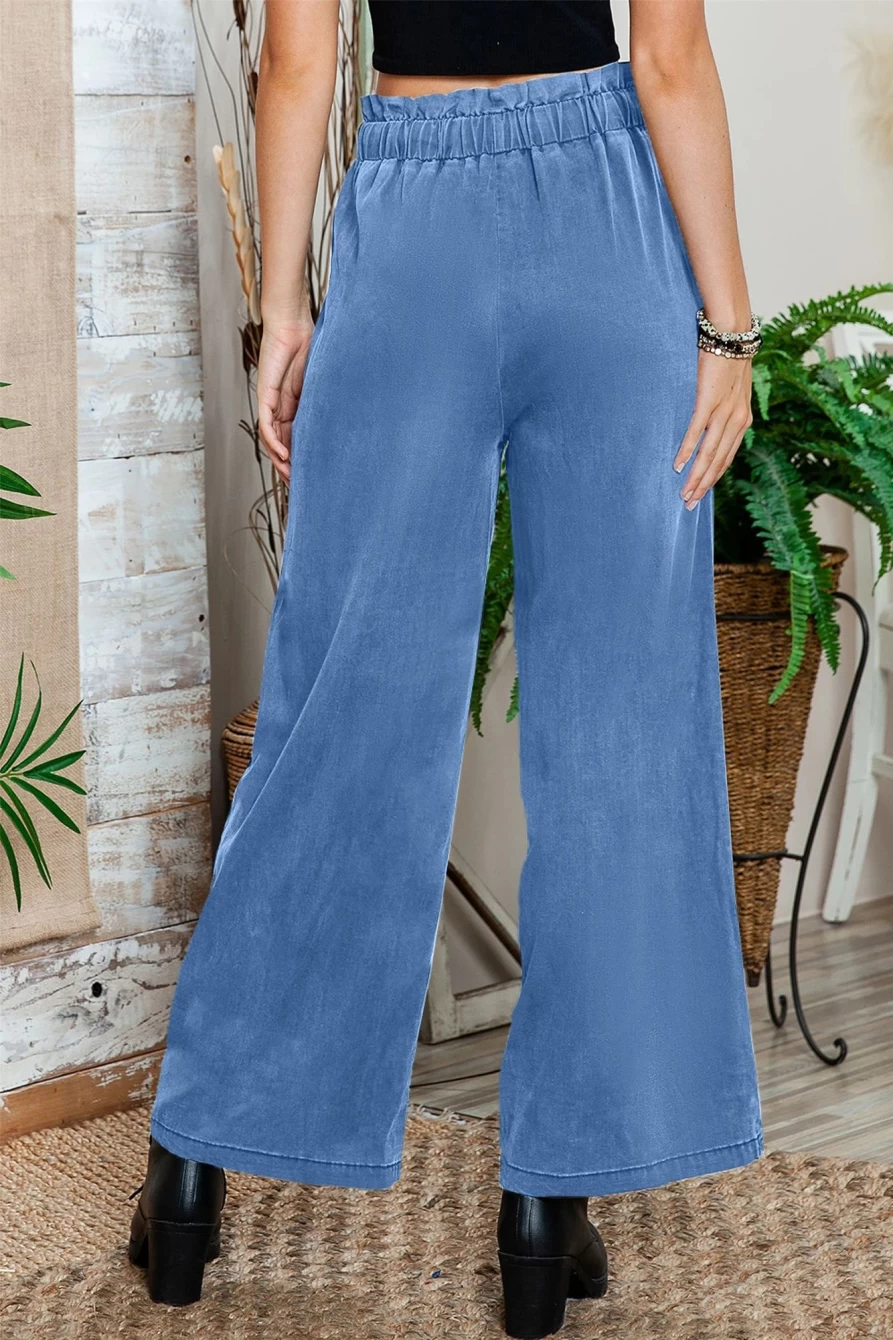 Shewin Women's Blue-2 High Waist Wide Leg Tencel Jeans with Pockets