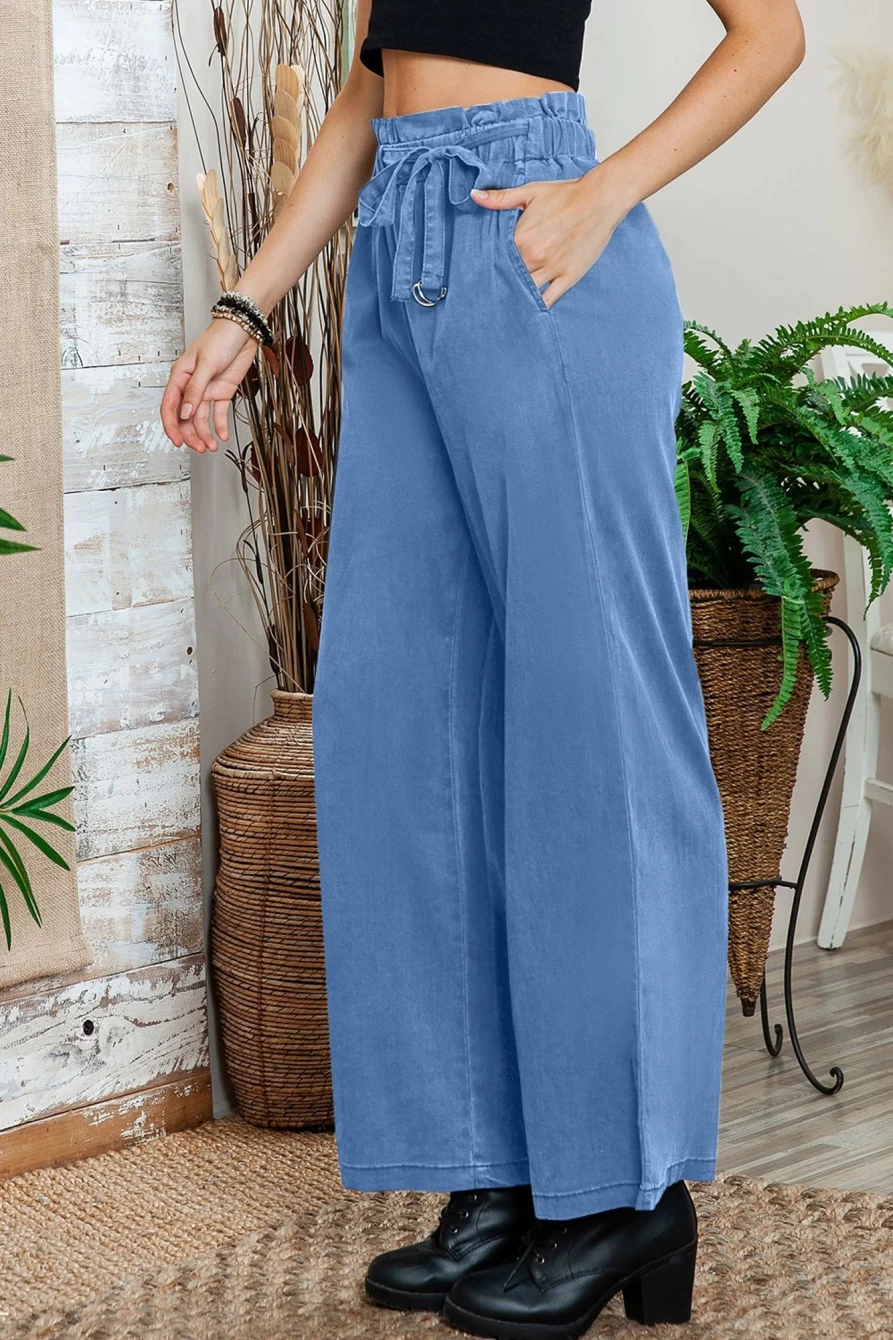 Shewin Women's Blue-2 High Waist Wide Leg Tencel Jeans with Pockets
