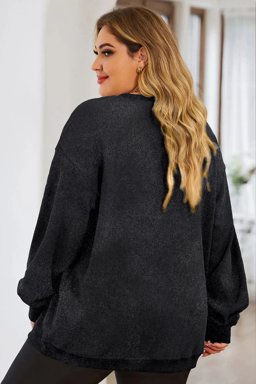 Shewin Women's Black Plus Size Chenille Lucky Patch Graphic Sweatshirt - Soft Corded Pullover