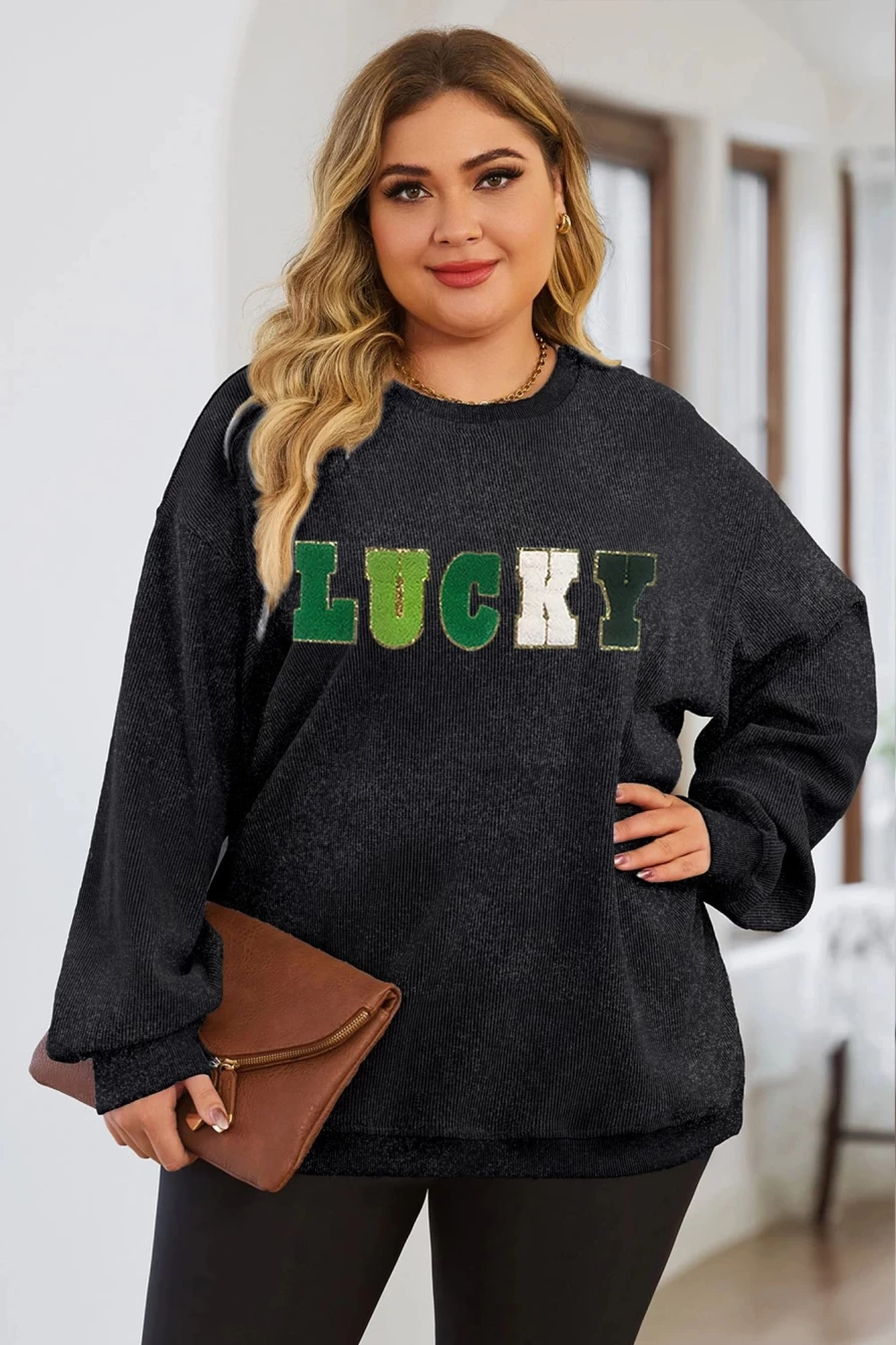 Shewin Women's Black Plus Size Chenille Lucky Patch Graphic Sweatshirt - Soft Corded Pullover