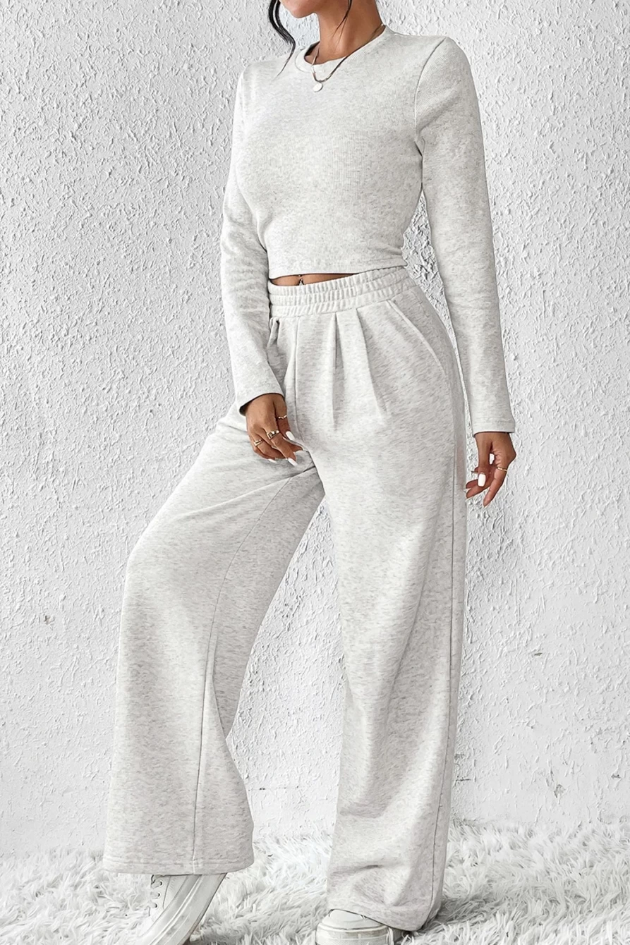 "SheWin Women's Beige Slim Fit Crop Top & Wide Leg Pants Set - Trendy Two Piece Outfit"