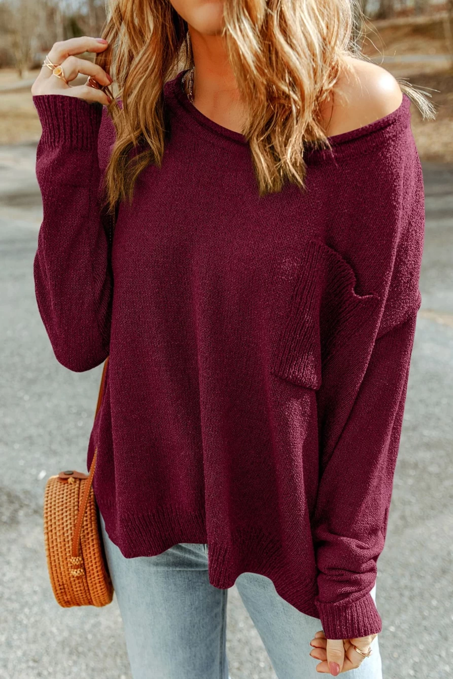 "Shewin Women's Biking Red Drop Shoulder Knitted Pullover Sweater - Solid Color Casual Warm Top"