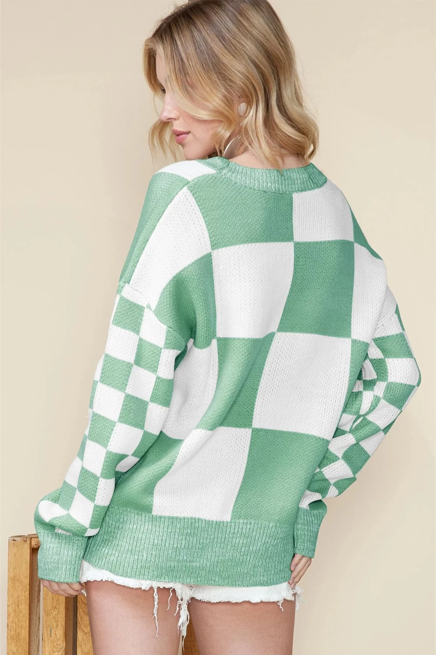Women's Mint Green Plaid Knit Drop Shoulder Sweater by Shewin - Cozy Oversized Casual Pullover