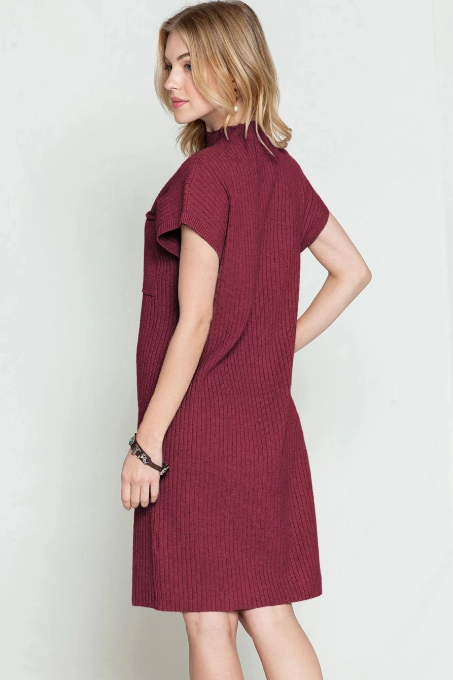 "SheWin Women's Red Dahlia Ribbed Knit Sweater Dress with Patch Pockets"