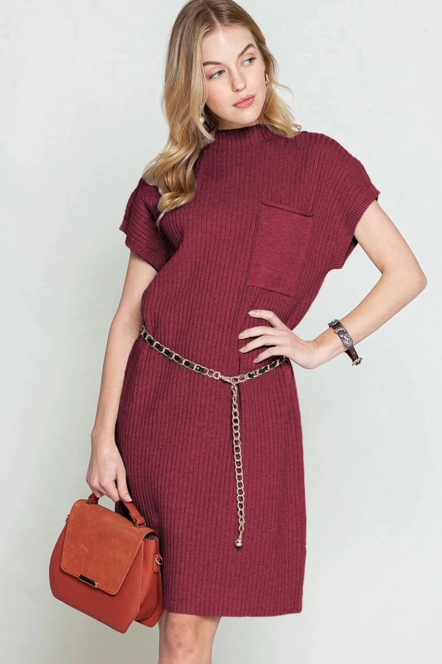 "SheWin Women's Red Dahlia Ribbed Knit Sweater Dress with Patch Pockets"