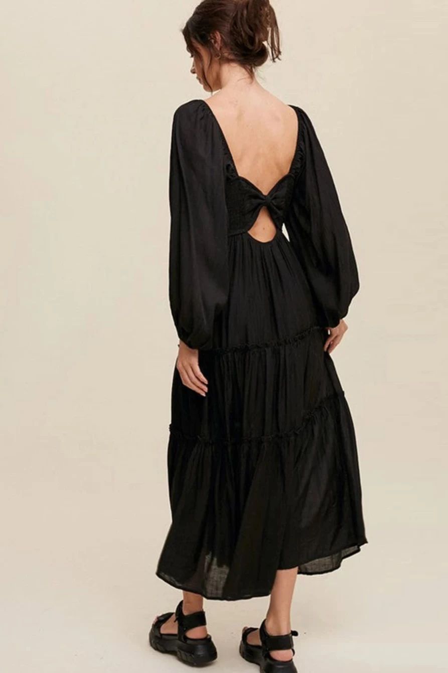 Shewin Women's Black V-Neck Bowknot Cutout Frill Tiered Maxi Dress