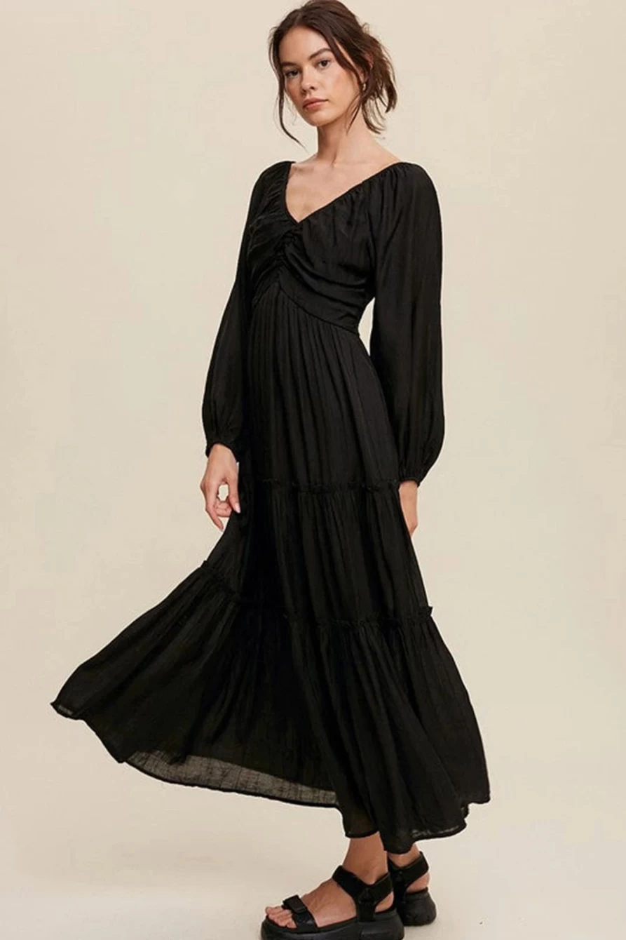 Shewin Women's Black V-Neck Bowknot Cutout Frill Tiered Maxi Dress