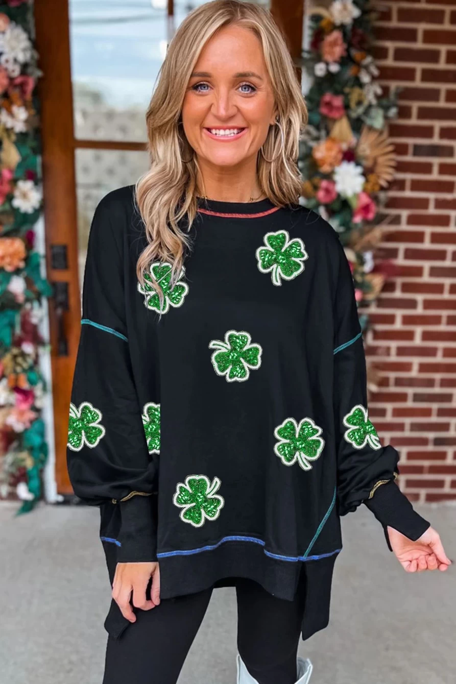 Shewin Women's Black Sequin Clover Graphic Split Lantern Sleeve Sweatshirt with Exposed Seams