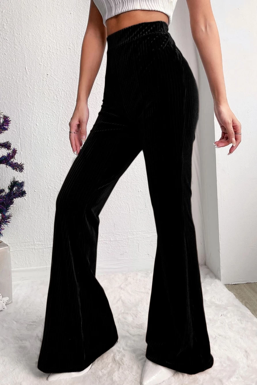 Shewin Women's Black High Waist Solid Color Corduroy Flare Pants