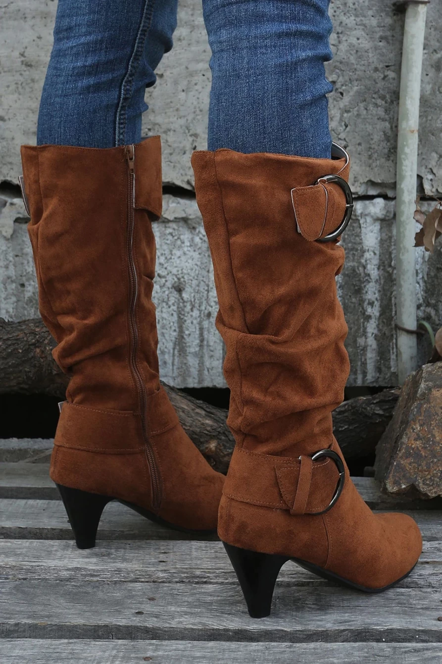 Shewin Women's Chestnut Ruched Heeled Boots with Buckle Decor & Zipper Detail