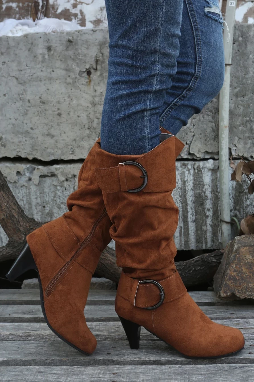 Shewin Women's Chestnut Ruched Heeled Boots with Buckle Decor & Zipper Detail