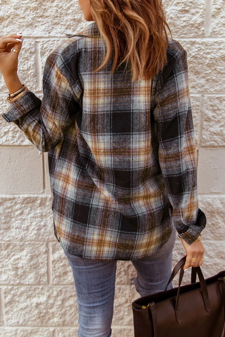 Women's Black Plaid Collared Split Button Up Shacket by Shewin