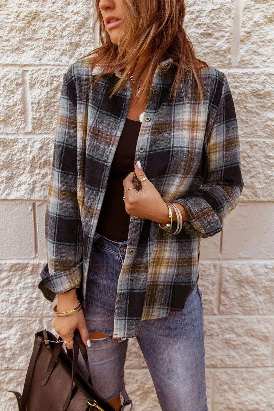 Women's Black Plaid Collared Split Button Up Shacket by Shewin