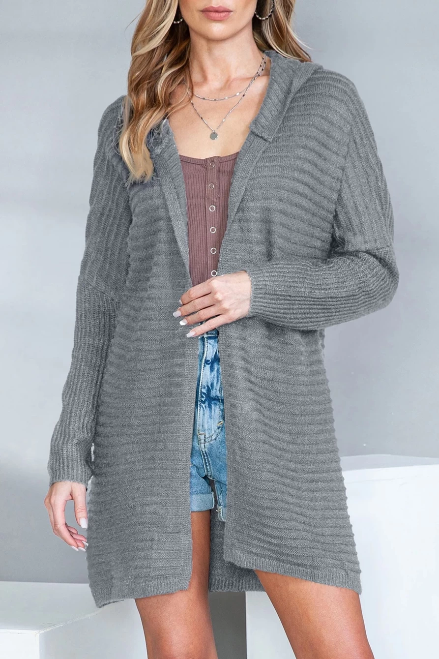 Women's Gray Ribbed Knit Open Front Hooded Cardigan - Shewin
