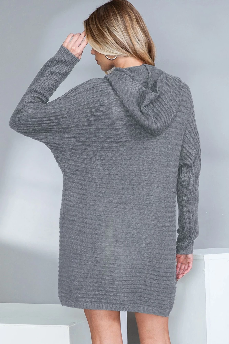 Women's Gray Ribbed Knit Open Front Hooded Cardigan - Shewin
