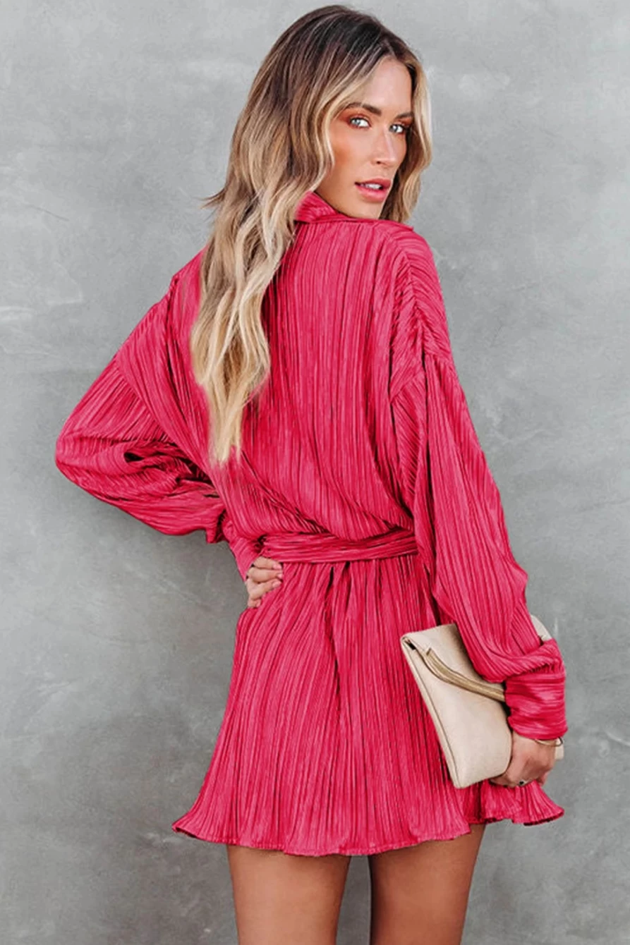 Shewin Women's Rose Pleated Drop Shoulder Shirt Dress with Buckle Belt