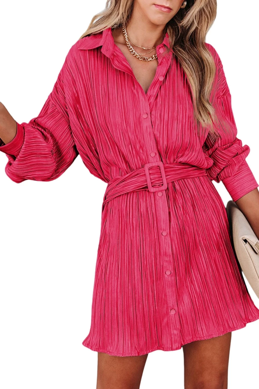 Shewin Women's Rose Pleated Drop Shoulder Shirt Dress with Buckle Belt