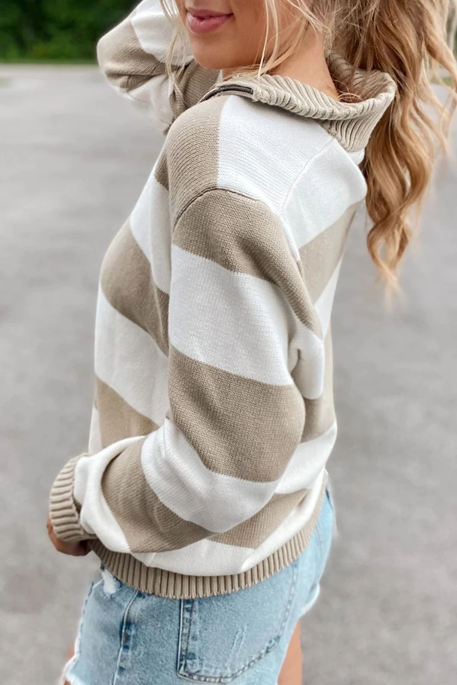 Shewin Women's Striped Ribbed Edge Zipped Collar Sweater