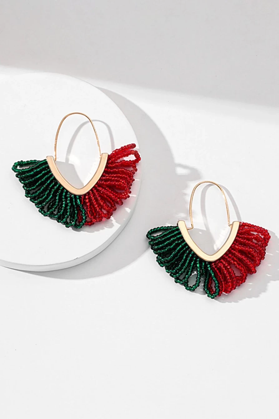 "Shewin Gold Rice Bead Color Block Christmas Earrings for Women - Festive Holiday Jewelry"