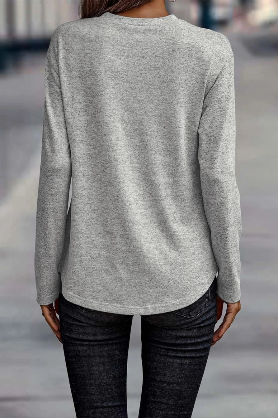 Shewin Women's Gray Crew Neck Long Sleeve Top with Side Buttons