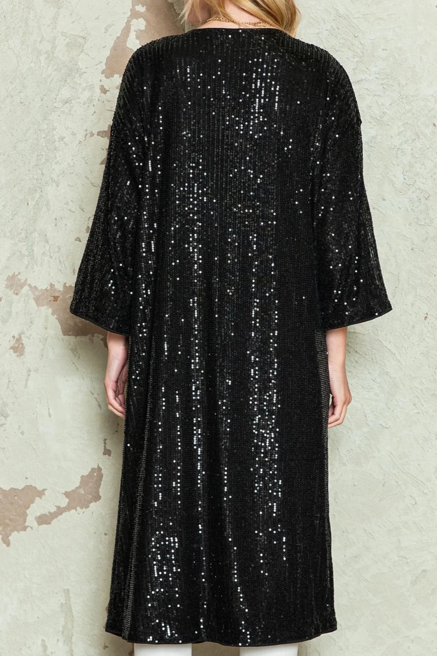 Shewin Women's Black Sequin 3/4 Sleeve Open Front Duster Cardigan