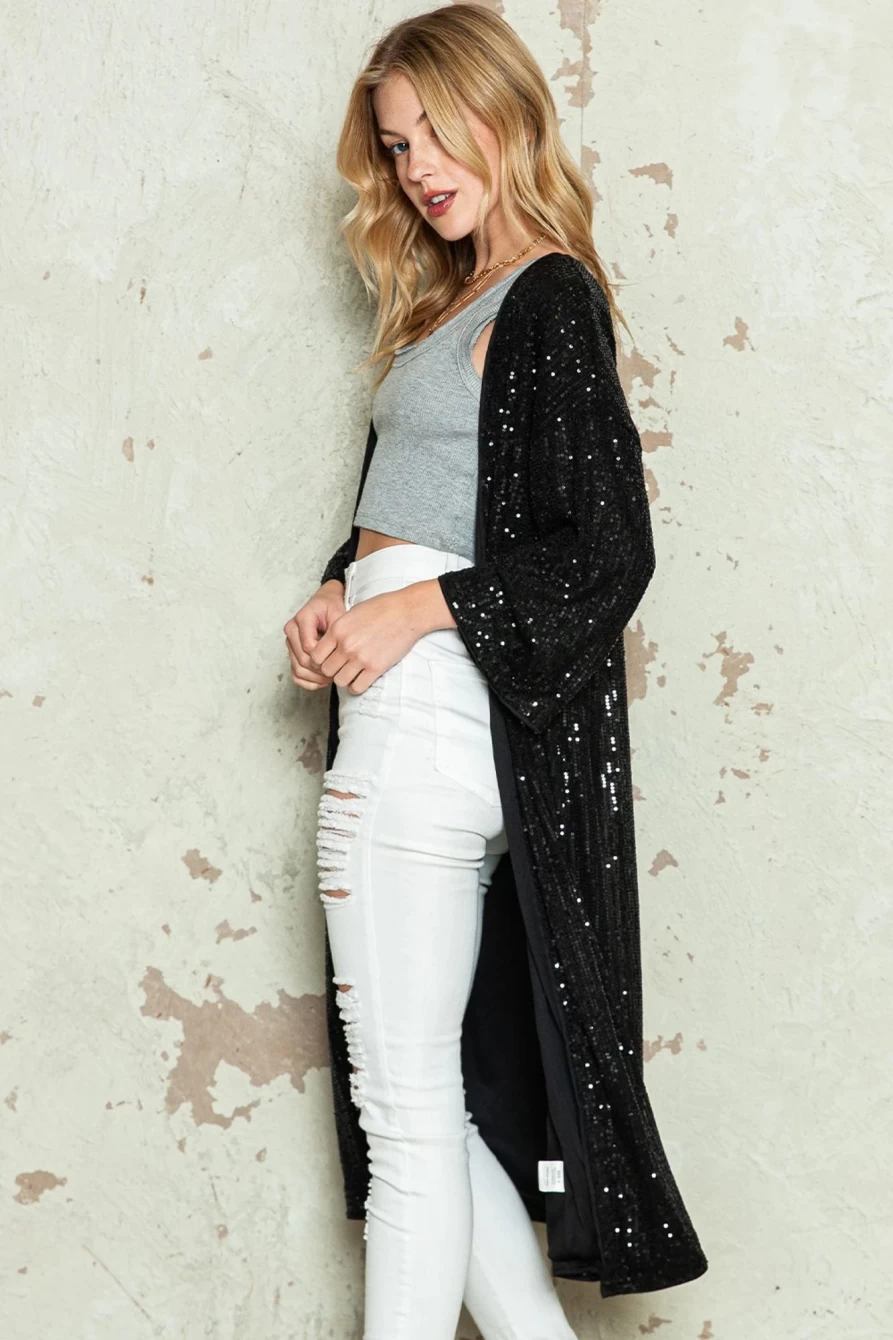 Shewin Women's Black Sequin 3/4 Sleeve Open Front Duster Cardigan