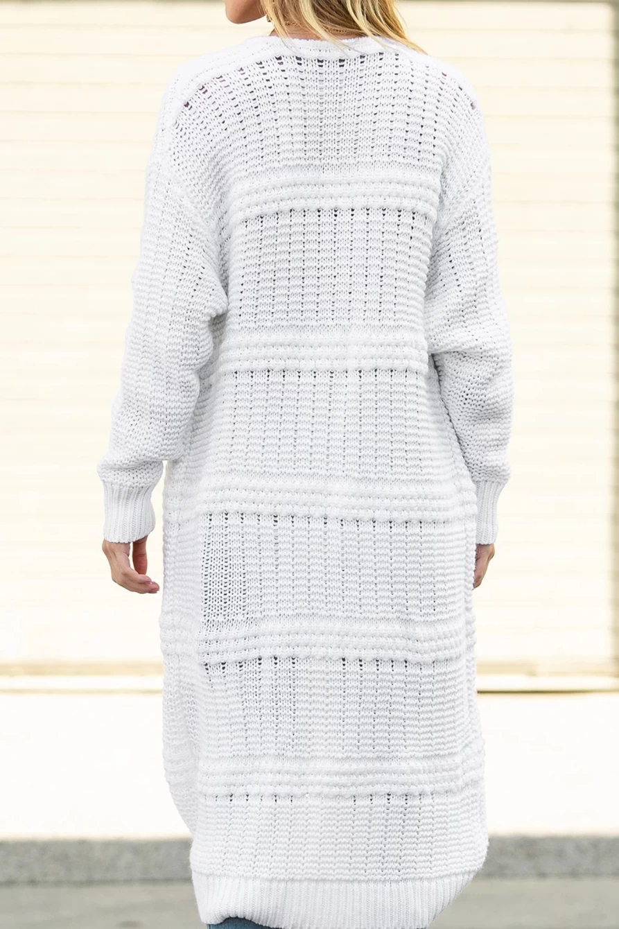 Women's White Pocketed Fringe Trim Knitted Long Cardigan - Shewin Cozy Oversized Open Front Sweater