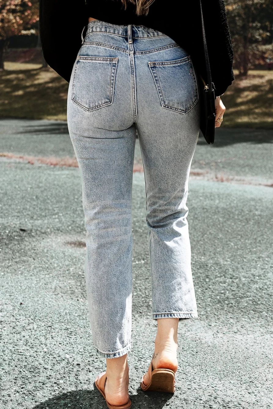 Shewin Women's Light Blue Acid Wash Distressed Cropped Straight Leg Jeans