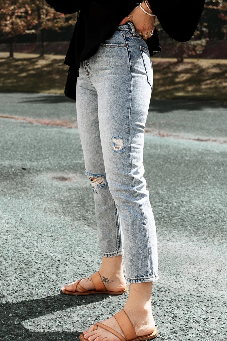 Shewin Women's Light Blue Acid Wash Distressed Cropped Straight Leg Jeans