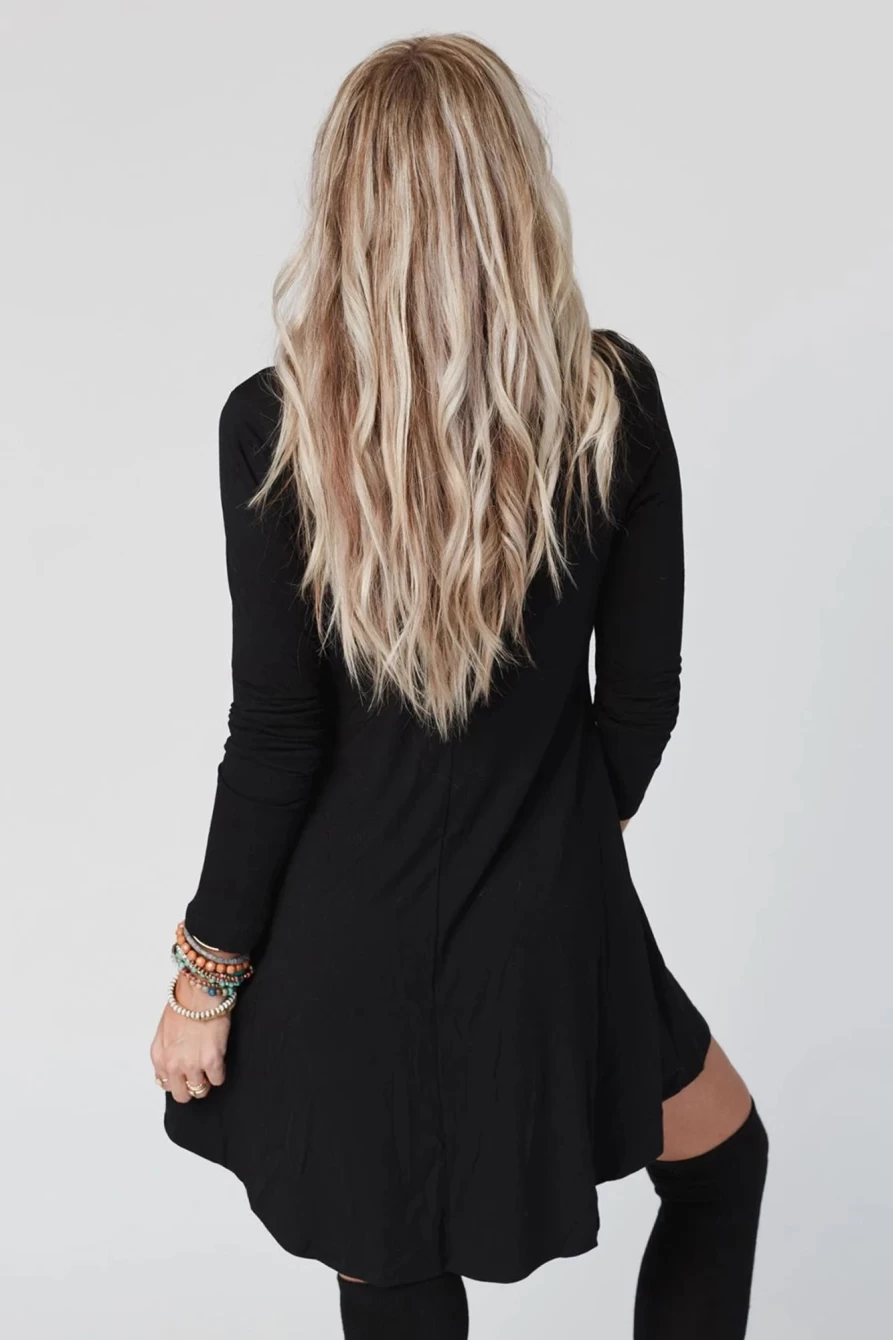 Shewin Women's Black Solid Color Long Sleeve Henley Mini Dress