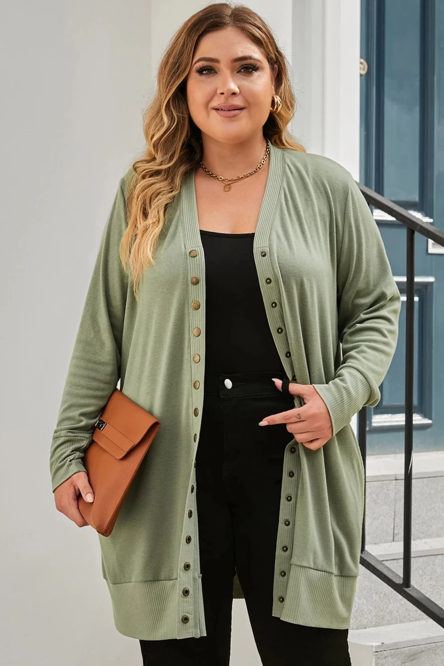 Women's Plus Size Green Knit Cardigan with Snap Buttons - Shewin