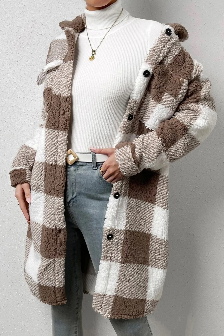 Shewin Women's Brown Fleece Plaid Midi Coat with Pockets and Button Front