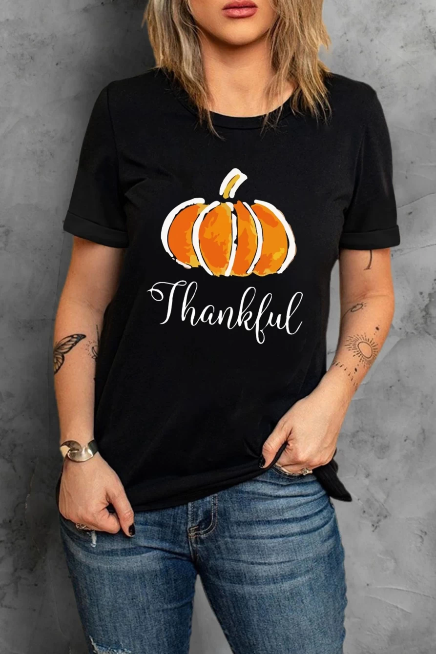 Shewin Women's Black Thankful Pumpkin Graphic Print Crew Neck T-Shirt