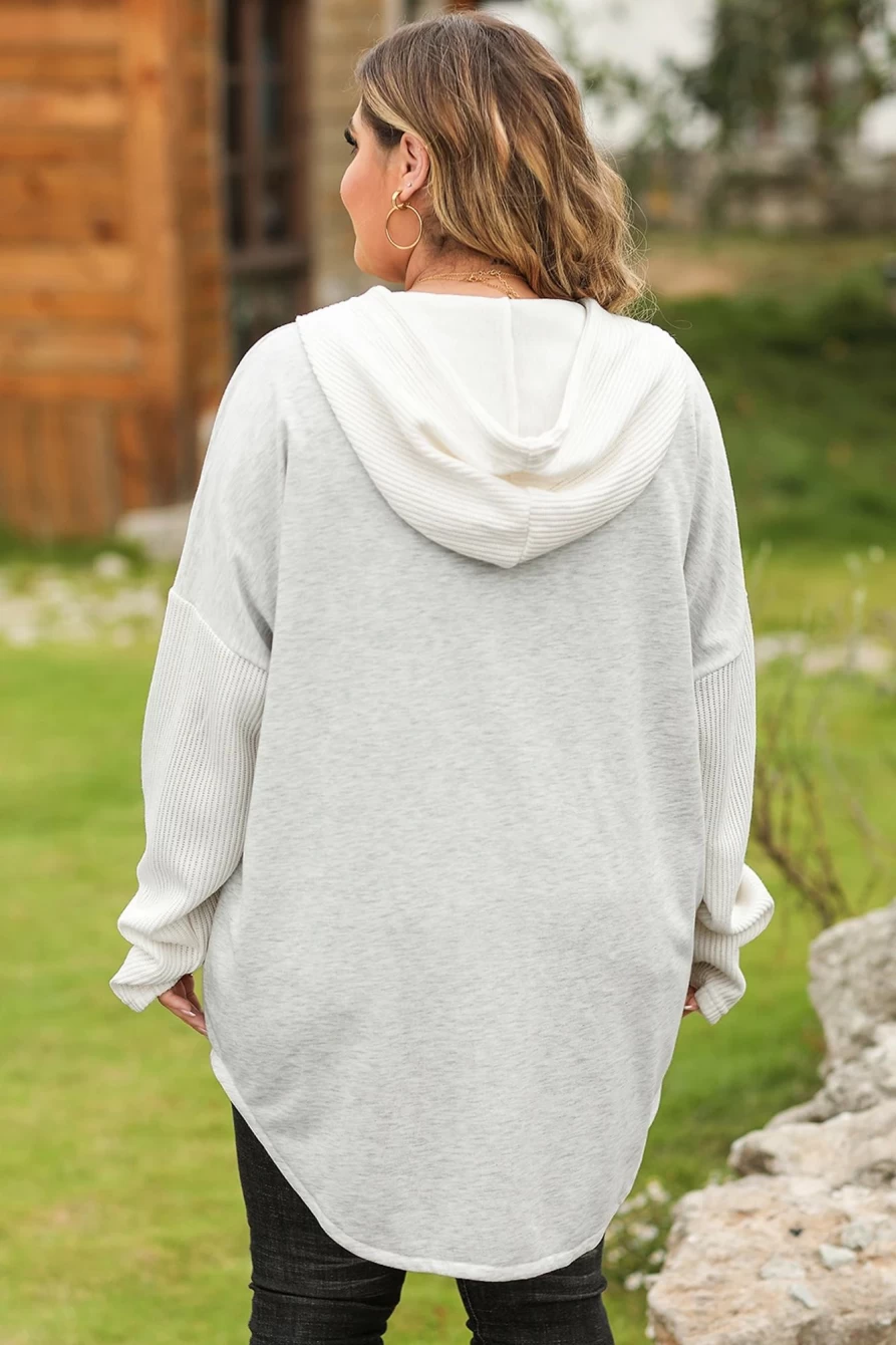 Shewin Women's Plus Size Gray Contrast Knitted Sleeves Hoodie