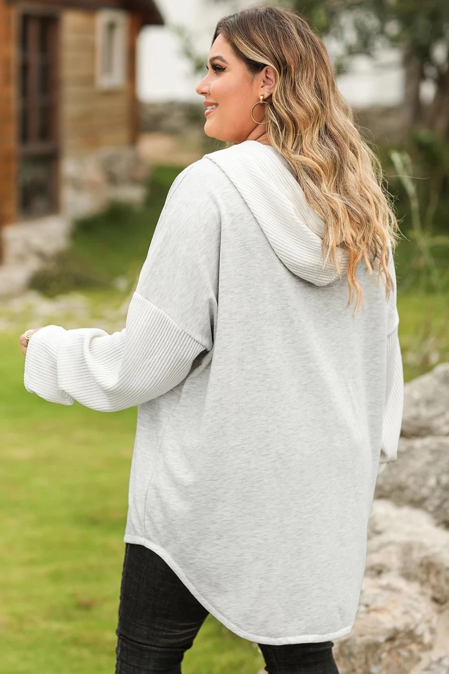 Shewin Women's Plus Size Gray Contrast Knitted Sleeves Hoodie