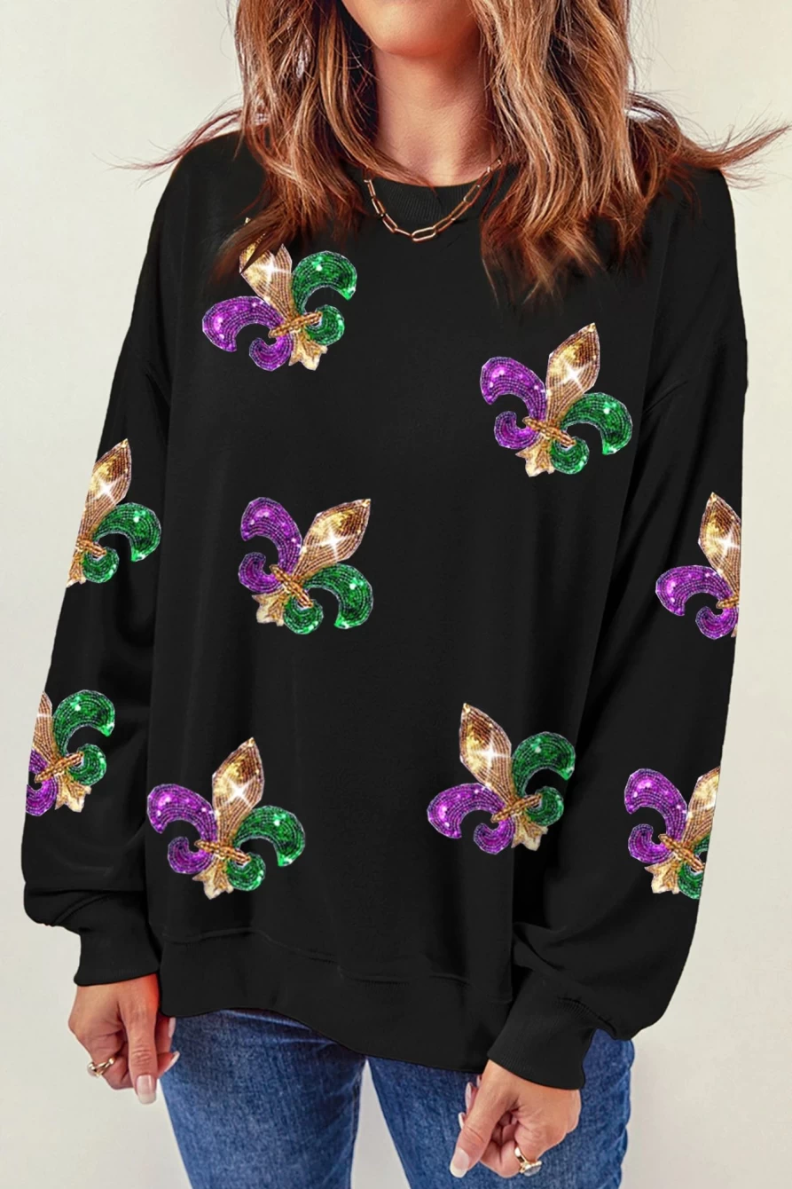 Shewin Women's Black Sequin Mardi Gras Graphic Pullover Sweatshirt
