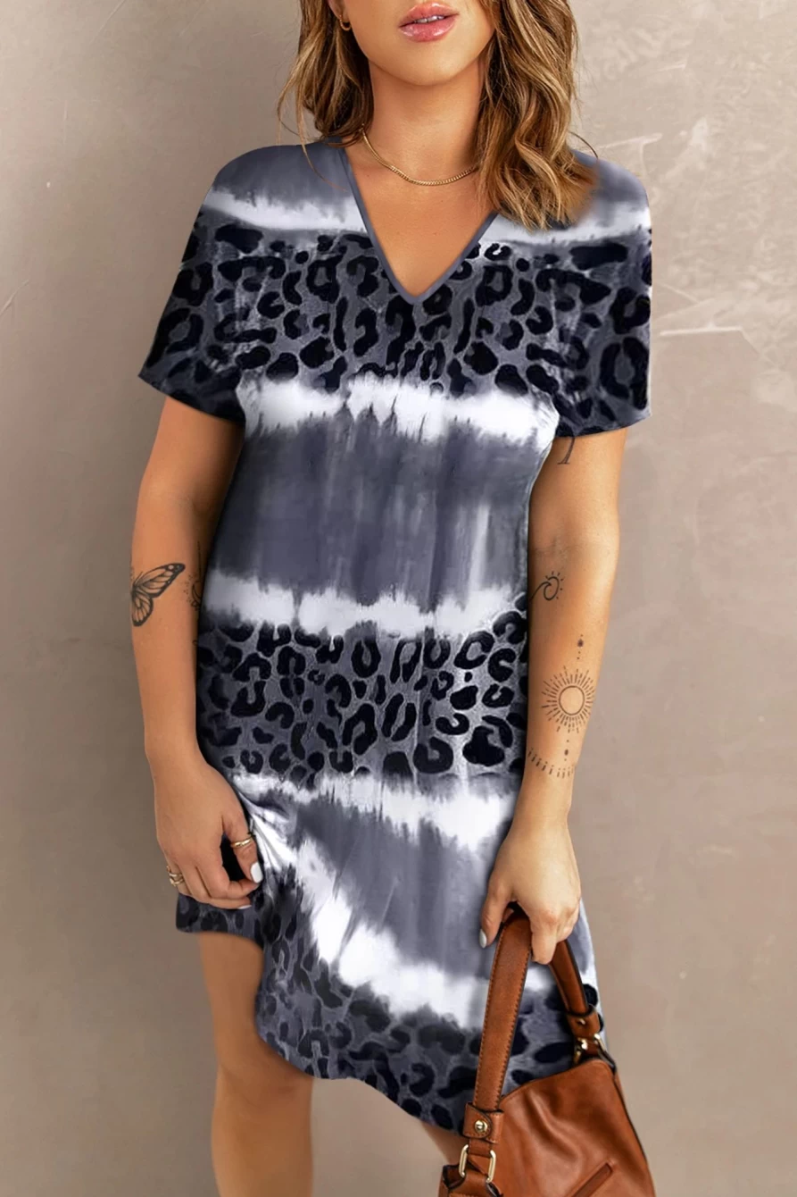 Shewin Women's Gray Leopard Tie-Dye V-Neck T-Shirt Dress with Color Block Design