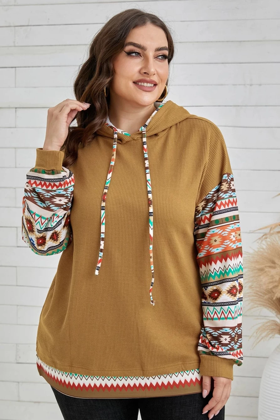 Shewin Women's Khaki Geometric Texture Drop Sleeve Waffle Hoodie Plus Size