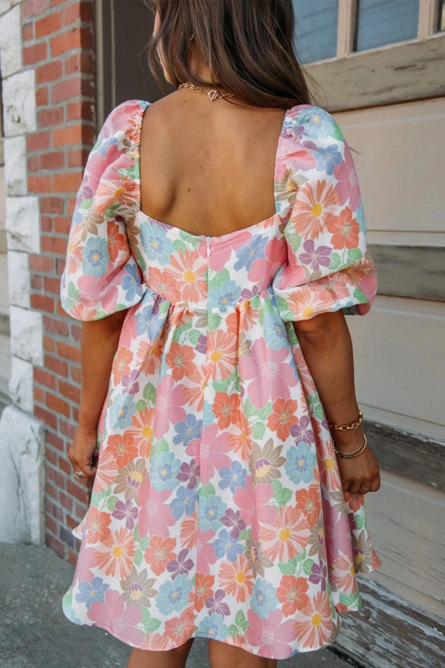 Shewin Women's Pink Floral Babydoll Dress with Square Neck & Puff Sleeves for Summer