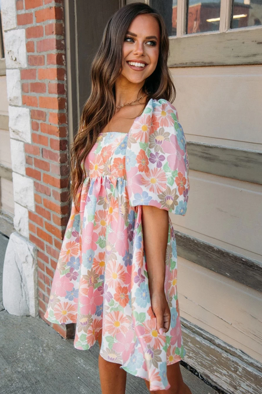 Shewin Women's Pink Floral Babydoll Dress with Square Neck & Puff Sleeves for Summer