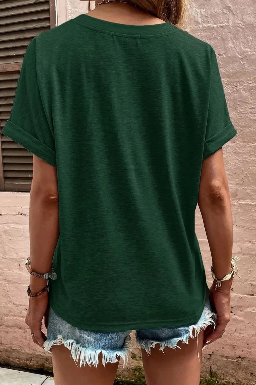 Shewin Women's Green Button V-Neck Casual Short Sleeve T-Shirt