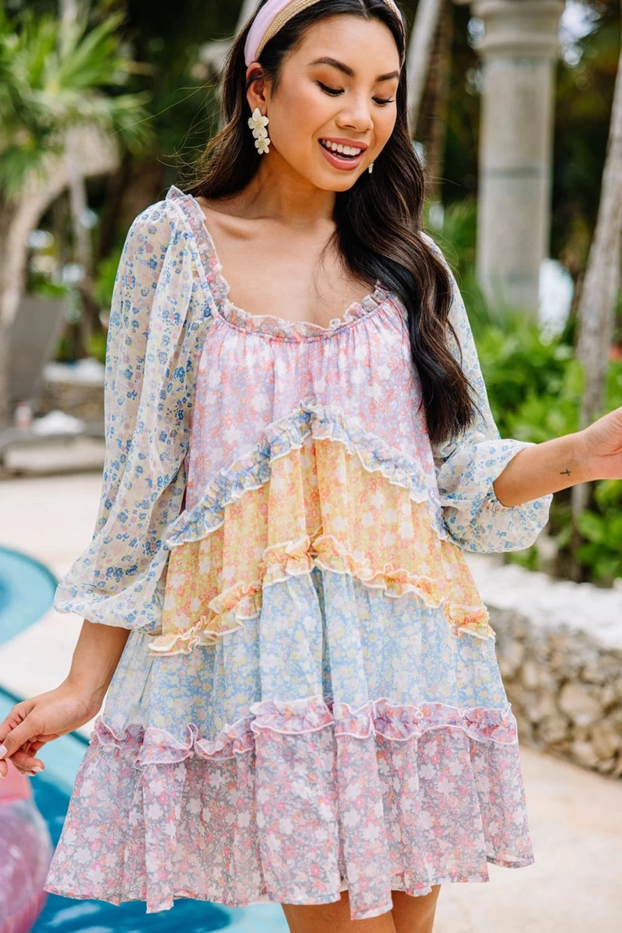 Shewin Women's Sky Blue Floral Tiered Dress with Puff Sleeves and Colorblock Design