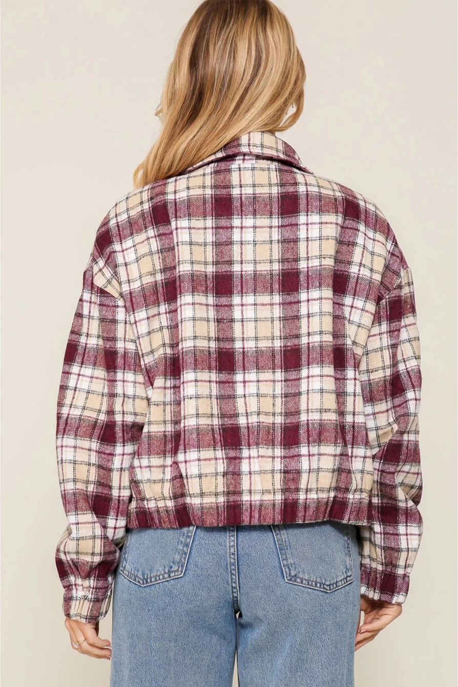 Shewin Women's Multicolor Plaid Print Zip-Up Jacket with Turn-Down Collar