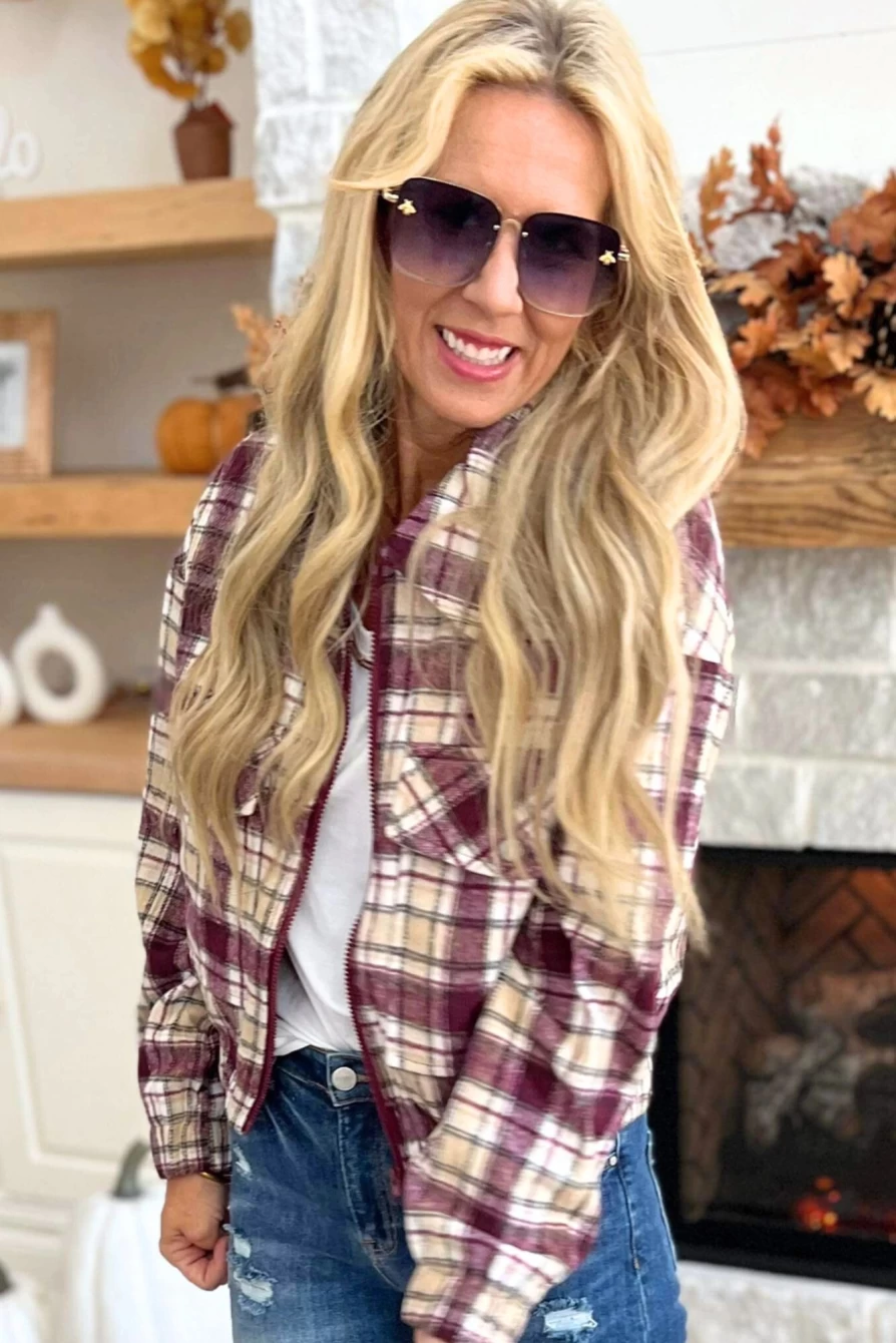 Shewin Women's Multicolor Plaid Print Zip-Up Jacket with Turn-Down Collar