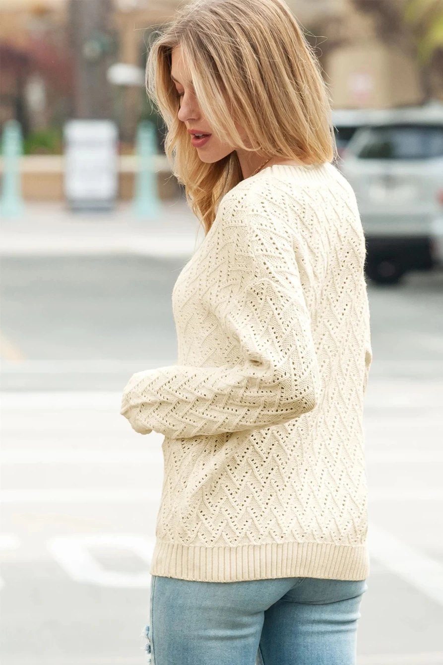 Shewin Women's Beige Solid Color Eyelet Knit Sweater with Ribbed Trim